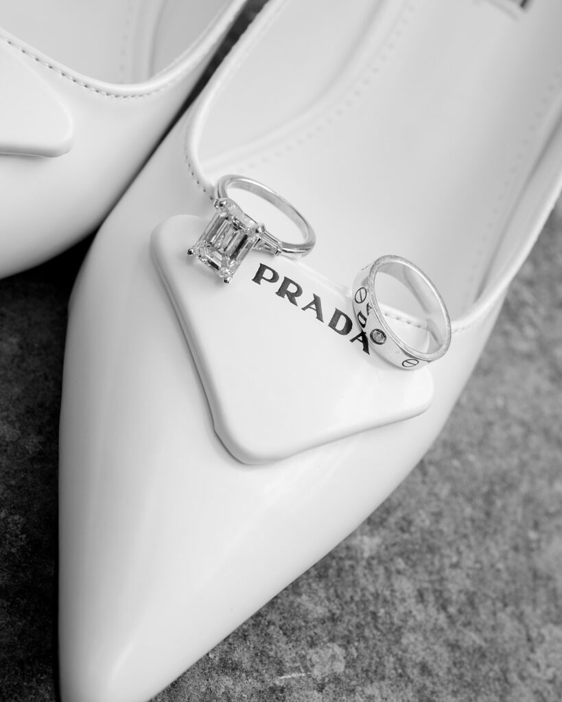 Prada bridal shoes on a windowsill before Atlanta Swan House wedding